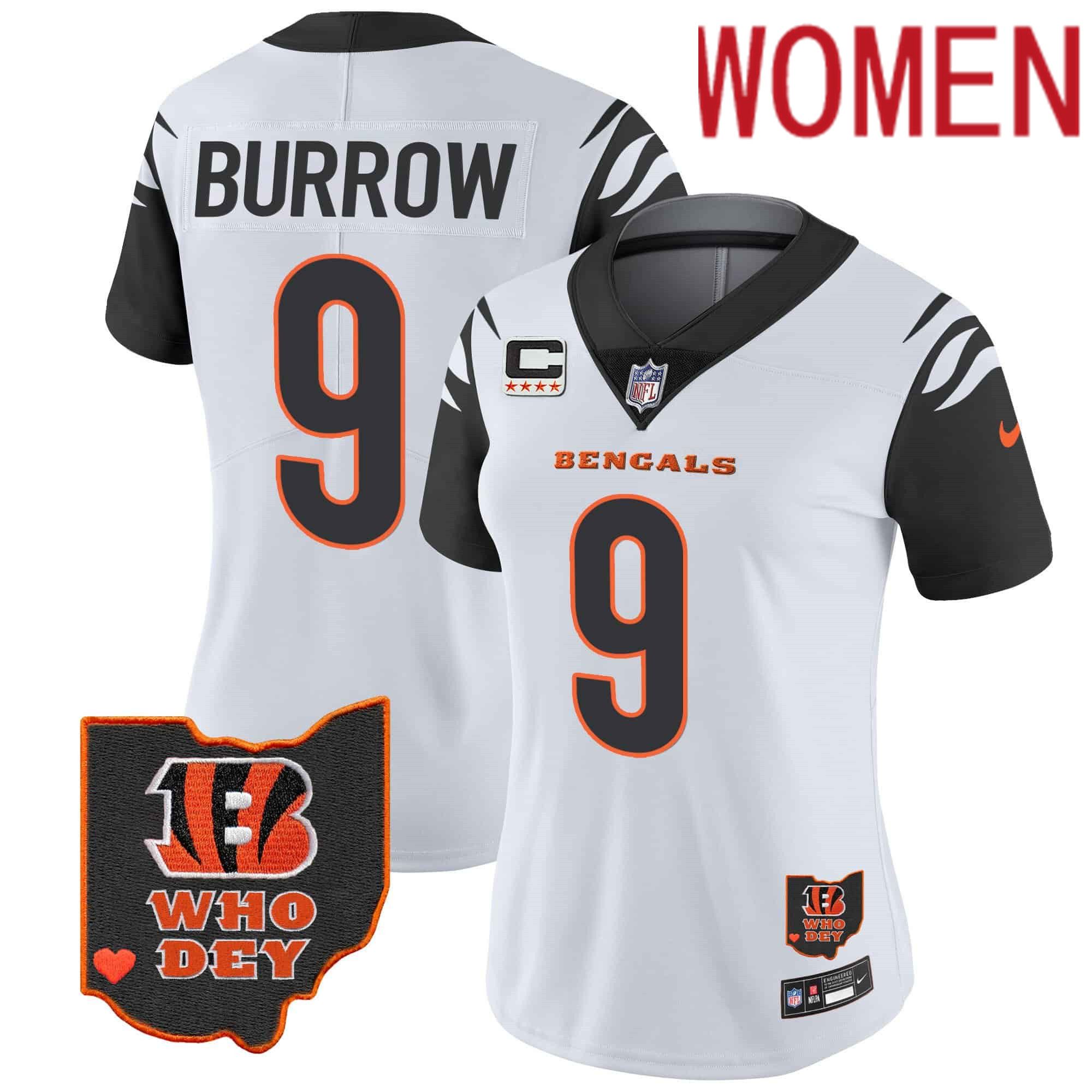 Women Cincinnati Bengals #9 Burrow White 2024 Nike Patch Vapor Limited NFL Jersey style 1